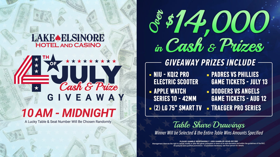 Celebrate July 4th at Lake Elsinore Casino Poker Room with Prize Drawings All Day!